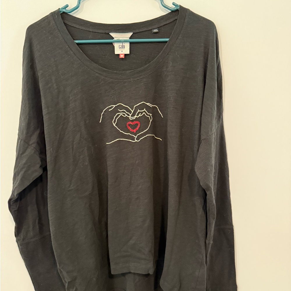 Cabi Cozy Black Long Sleeve Tee with embroidered Heart Hand Graphic